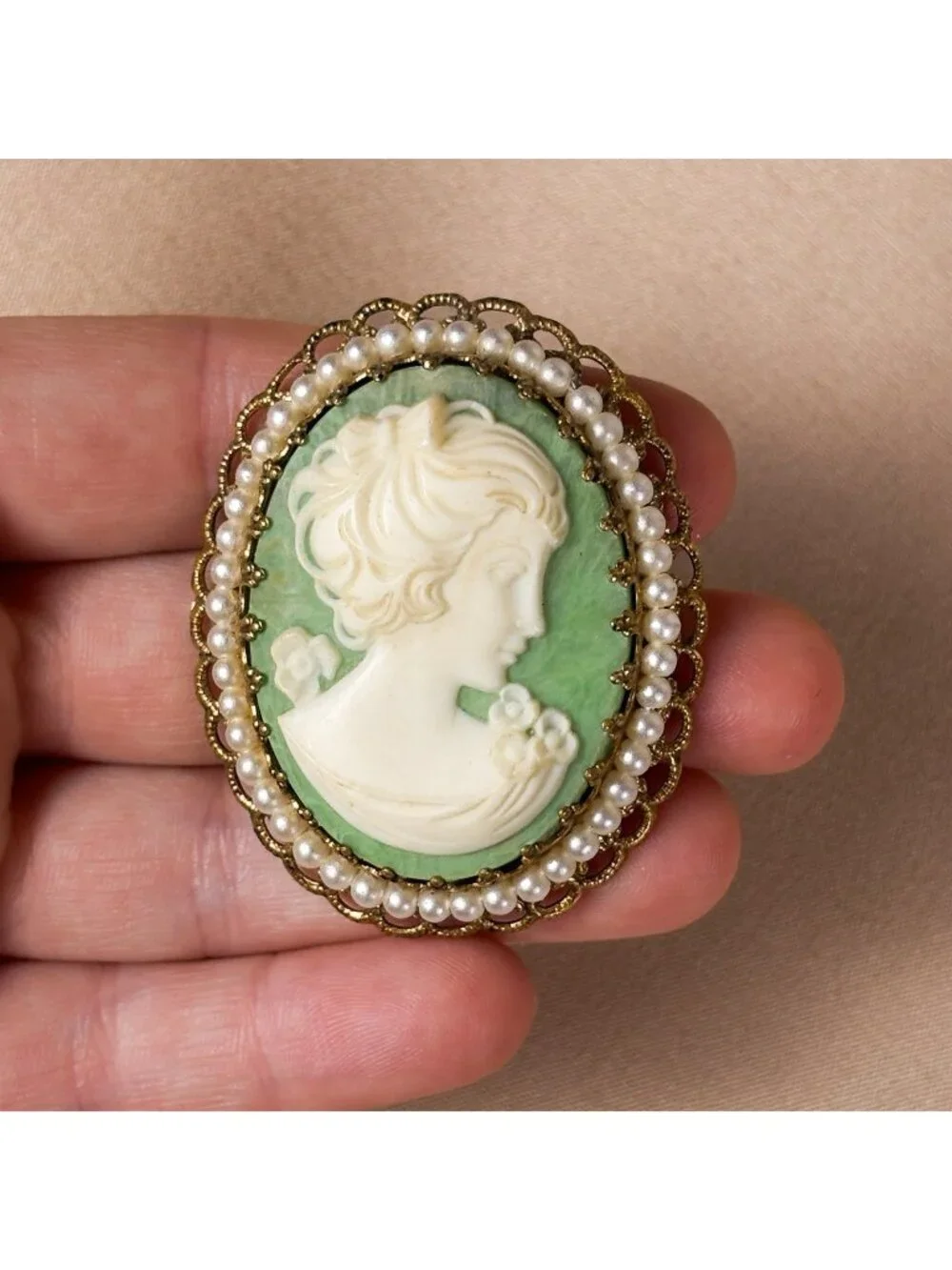 Vintage Green Ivory Tone Lady Cameo Brooch Pin Signed Germany Ornate Filigree A5